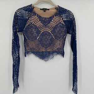 For Love & Lemons XS Lace‎ Crop Top Long Sleeve Blue Nude Lined Blouse